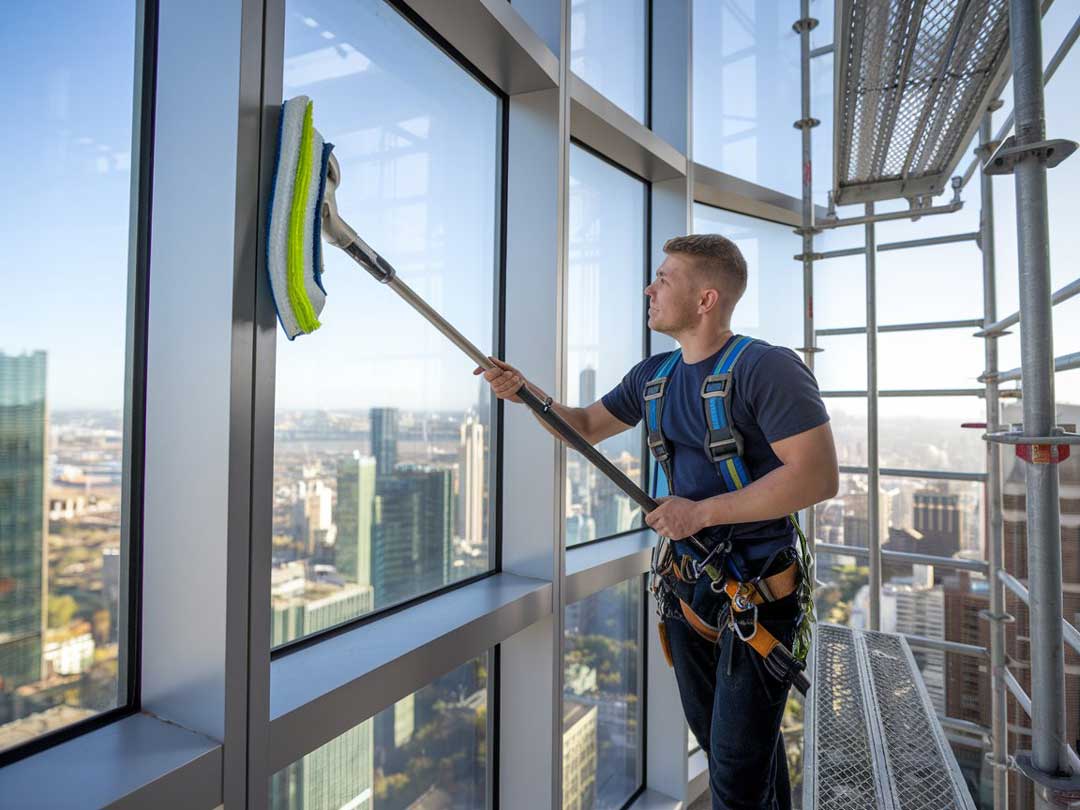 A-photo-of-a-man-cleaning-a-window-at-a-great-height.-He-is-wearing-a-harness-and-holding-onto-a-scaffold.-The-window-is-being-cleaned-with-a-microfiber-cloth